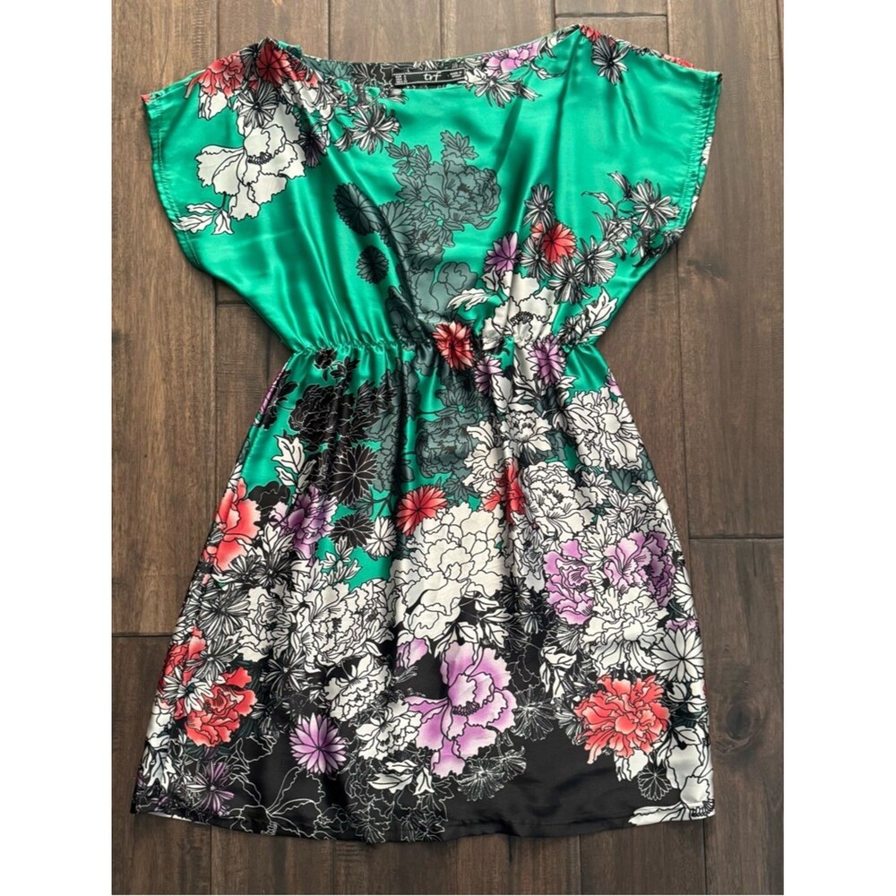 Trf Green Multi Floral Satin Kimono Summer Dress S
